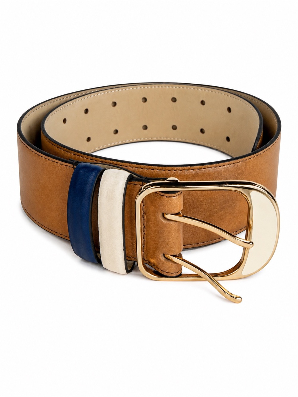 Ann Taylor 100% Leather Belt Gold Buckle with Navy and Cream Accents